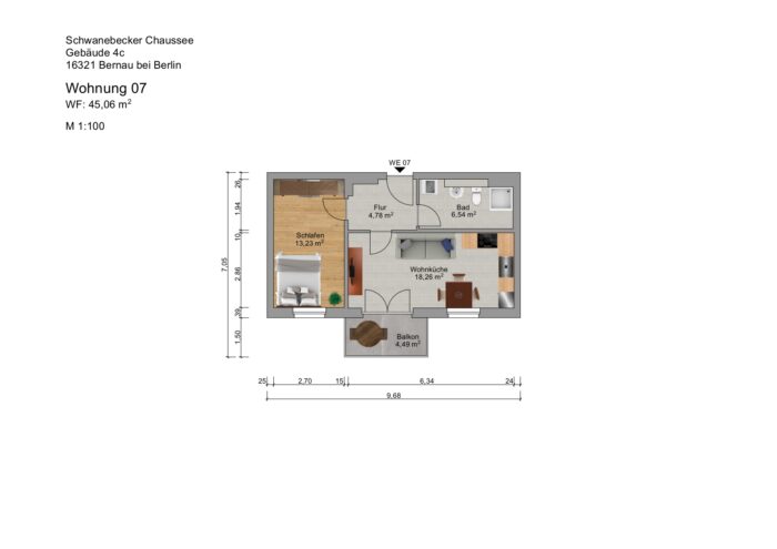 Grundriss einer Wohnung mit drei Zimmern und Maßen.