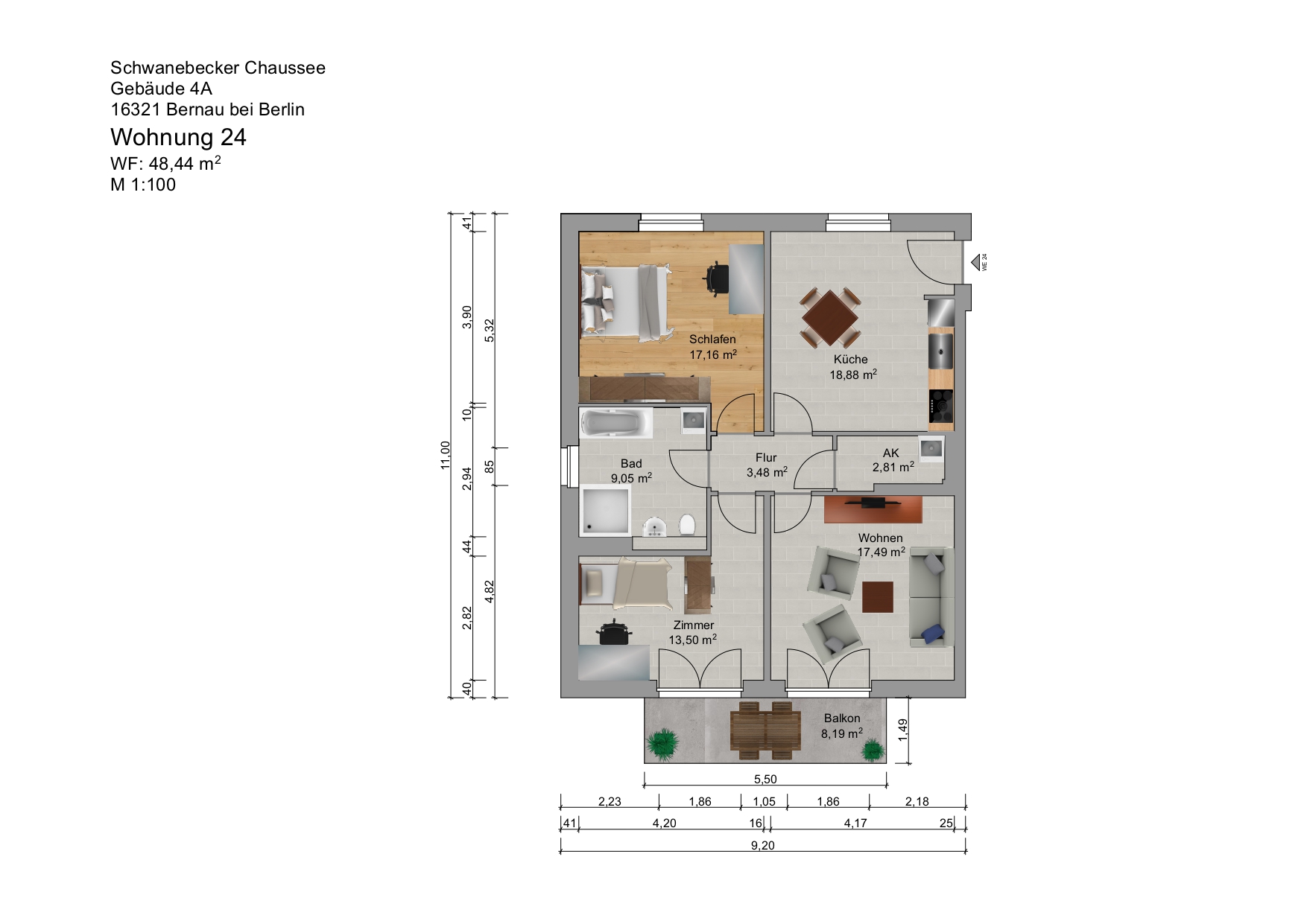 Grundriss einer Wohnung mit Maßen und Raumaufteilung.